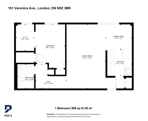 Floor plan for 1 bed, 1 bath, 588 sqft
